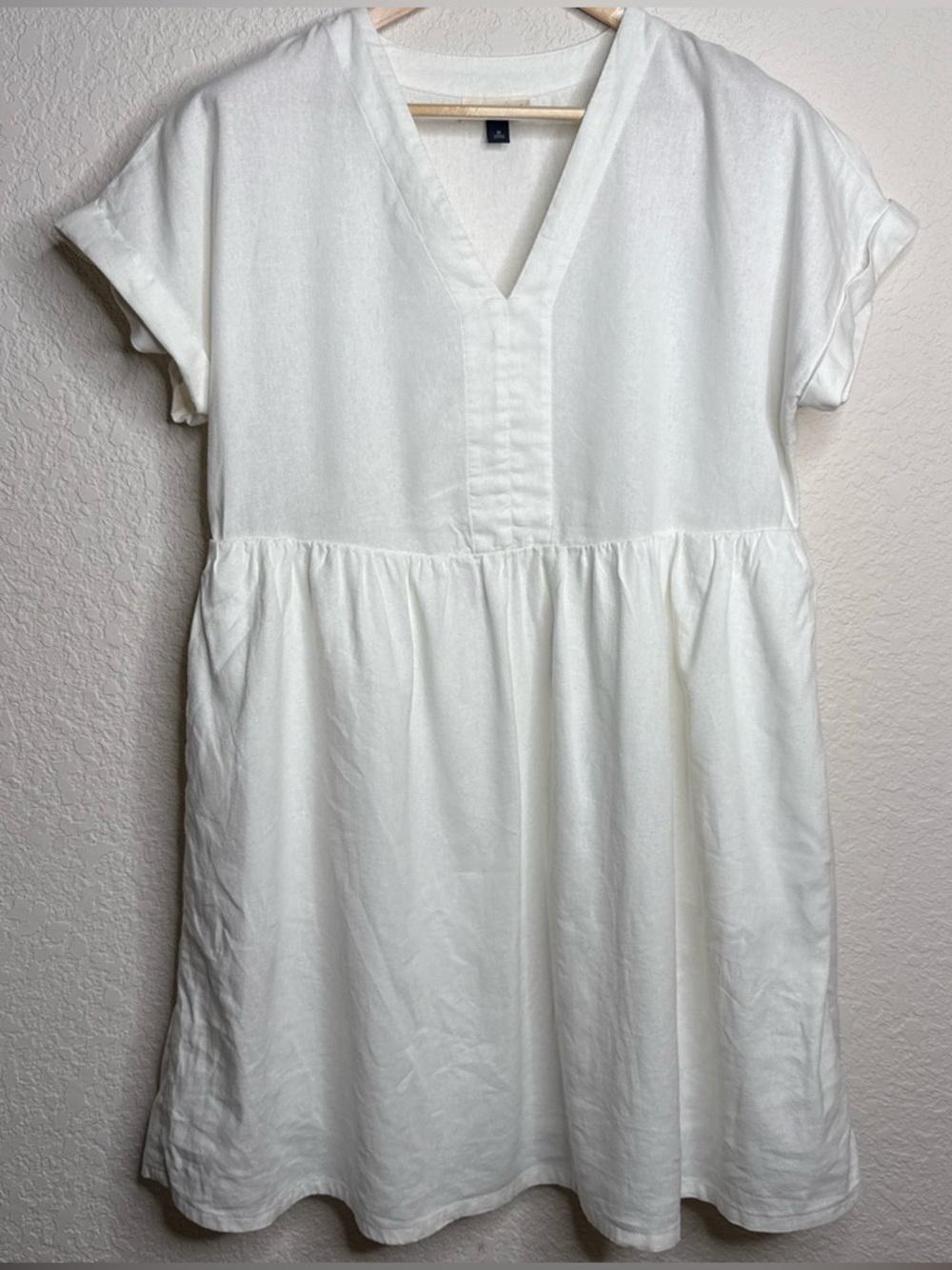 Linen Blend Babydoll Mini Dress Lined White V-Neck Size M